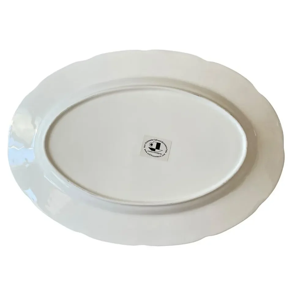 Yedi White Oval Serving Platter 14in Ceramic Gold Rim New